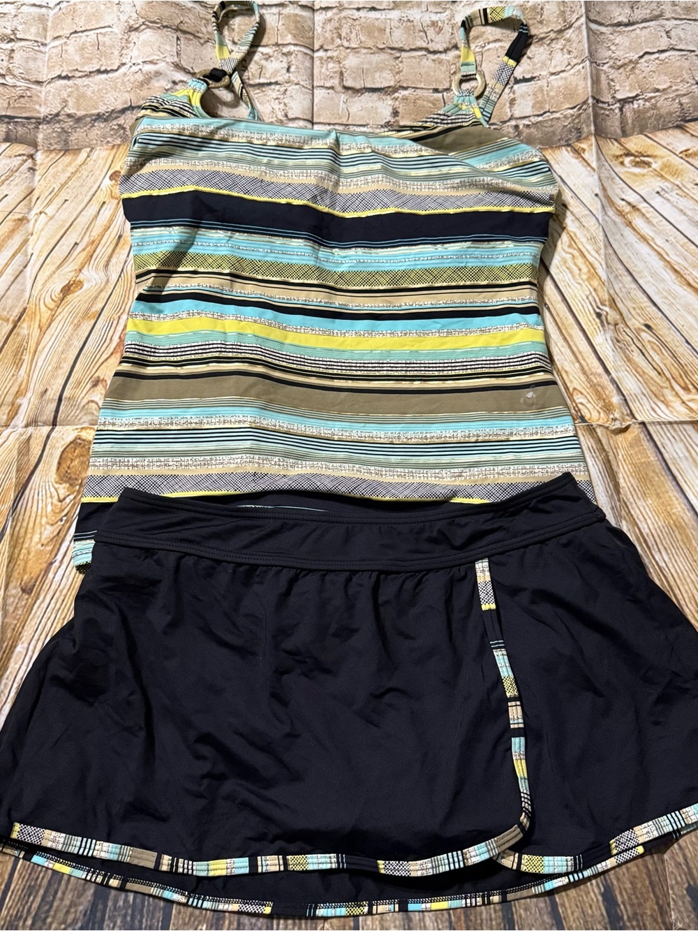 Captiva Green Black Gold Striped 2 Piece Tankini Swimsuit